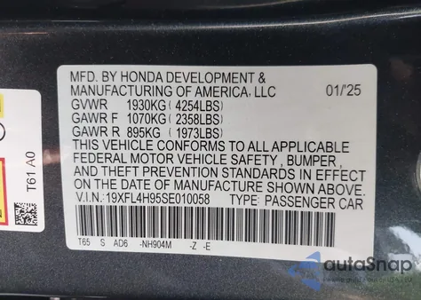 2025 Honda Civic Hybrid Sport Touring z USA, uszkodzony, nr VIN 19XFL4H95SE010058